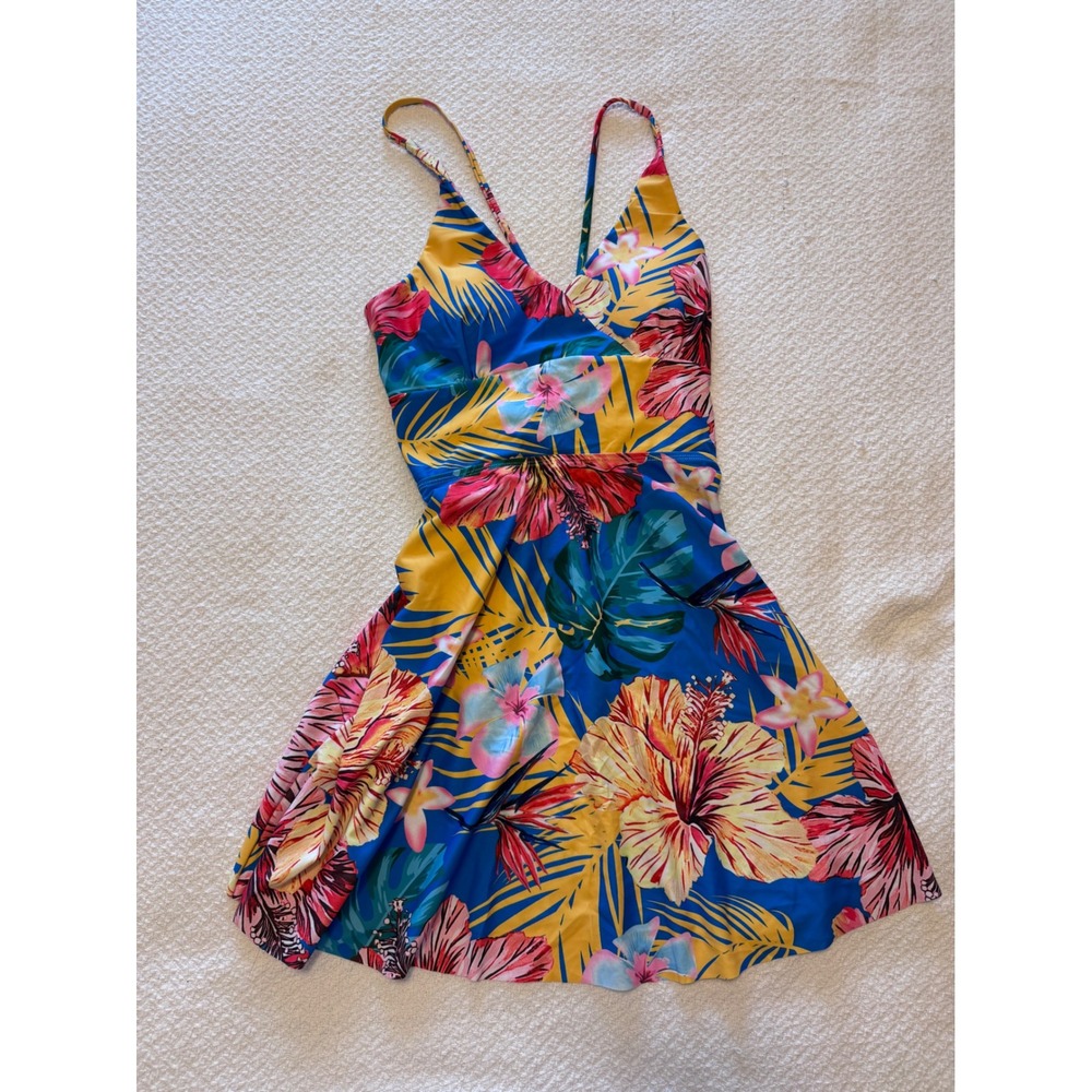 Tropical Floral Print Mini Dress Blue Yellow Hibiscus Cross Back Summer Medium